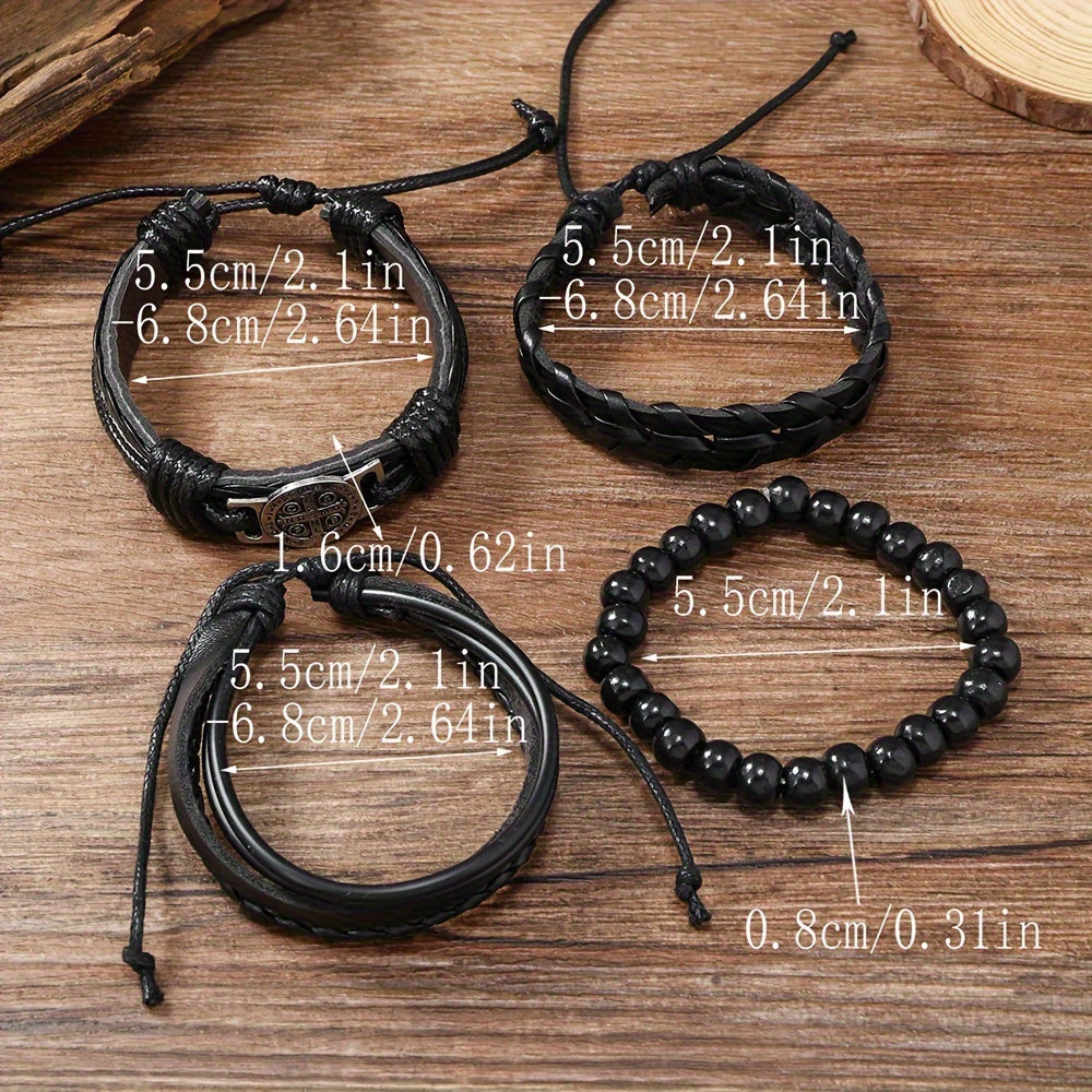 Vintage Black Braided Faux Leather Bracelet Set – 4 Piece