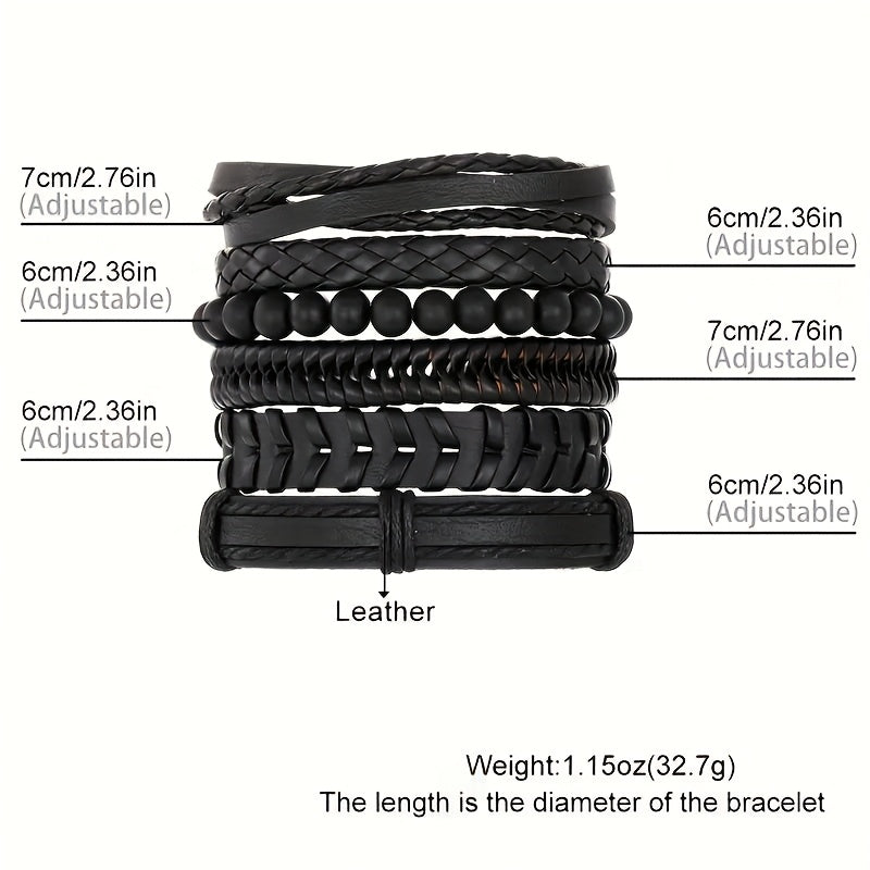 6-Piece Men’s Black Faux Leather Bracelet Set – Vintage Multi-Layer Woven & Braided Bangles, Beaded Adjustable Wristbands