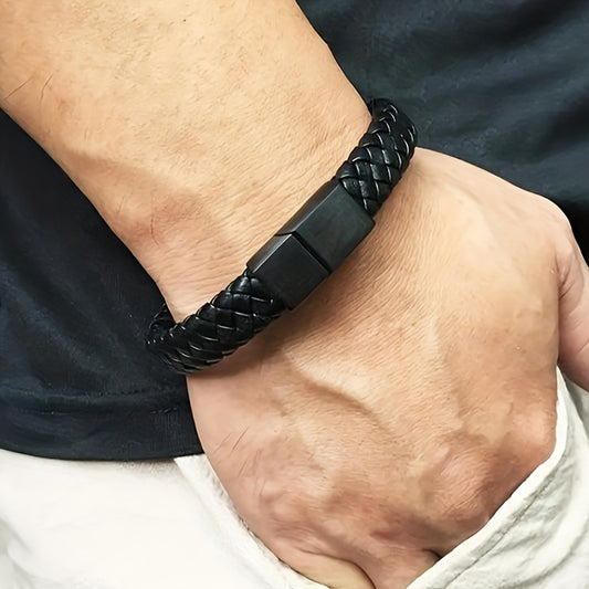 Men’s Black Braided Leather Bracelet | Stainless Steel Clasp