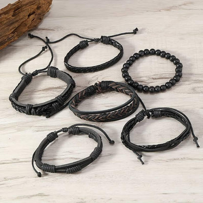 6pcs Faux Leather Wooden Bead Wax Thread Bracelet Set