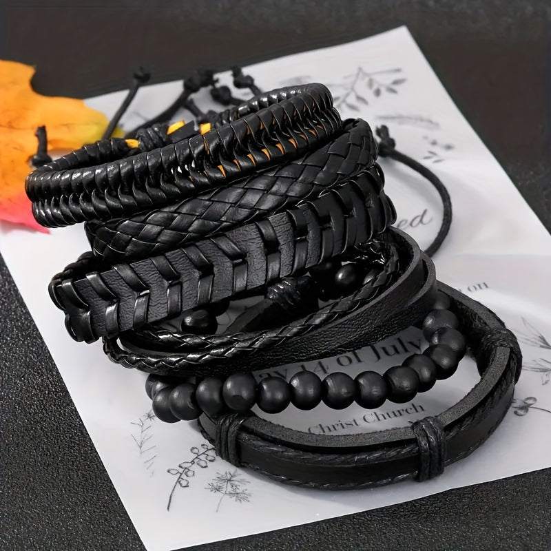 6-Piece Men’s Black Faux Leather Bracelet Set – Vintage Multi-Layer Woven & Braided Bangles, Beaded Adjustable Wristbands