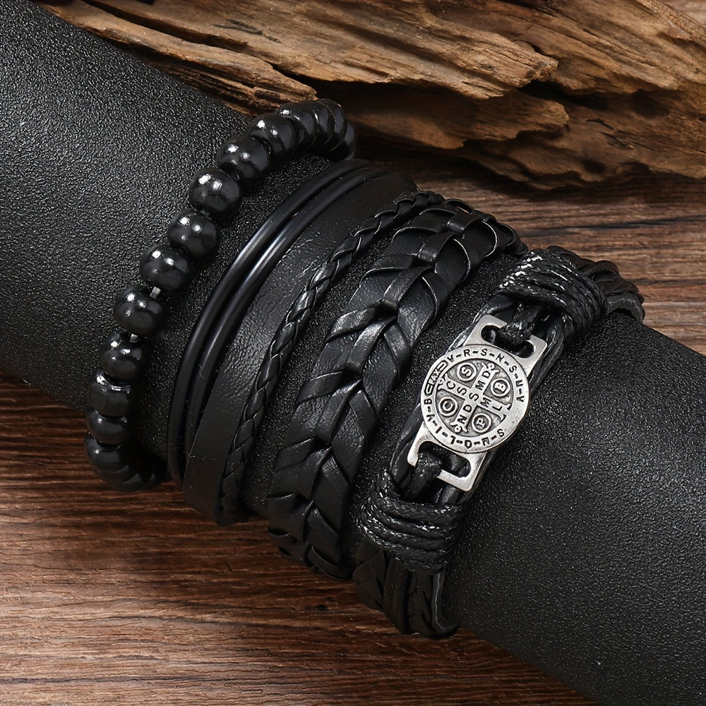 Vintage Black Braided Faux Leather Bracelet Set – 4 Piece