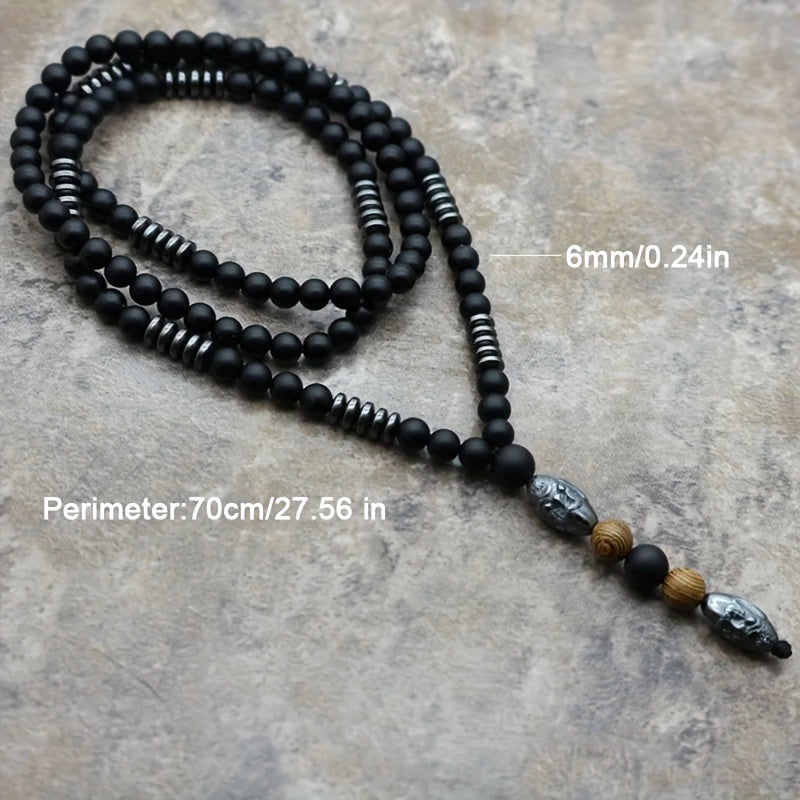 Men’s Matte Black Beaded Necklace 27.5" – Silver-Tone Sculpted Head & Wood Accent Beads