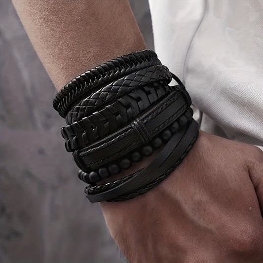 6-Piece Men’s Black Faux Leather Bracelet Set – Vintage Multi-Layer Woven & Braided Bangles, Beaded Adjustable Wristbands