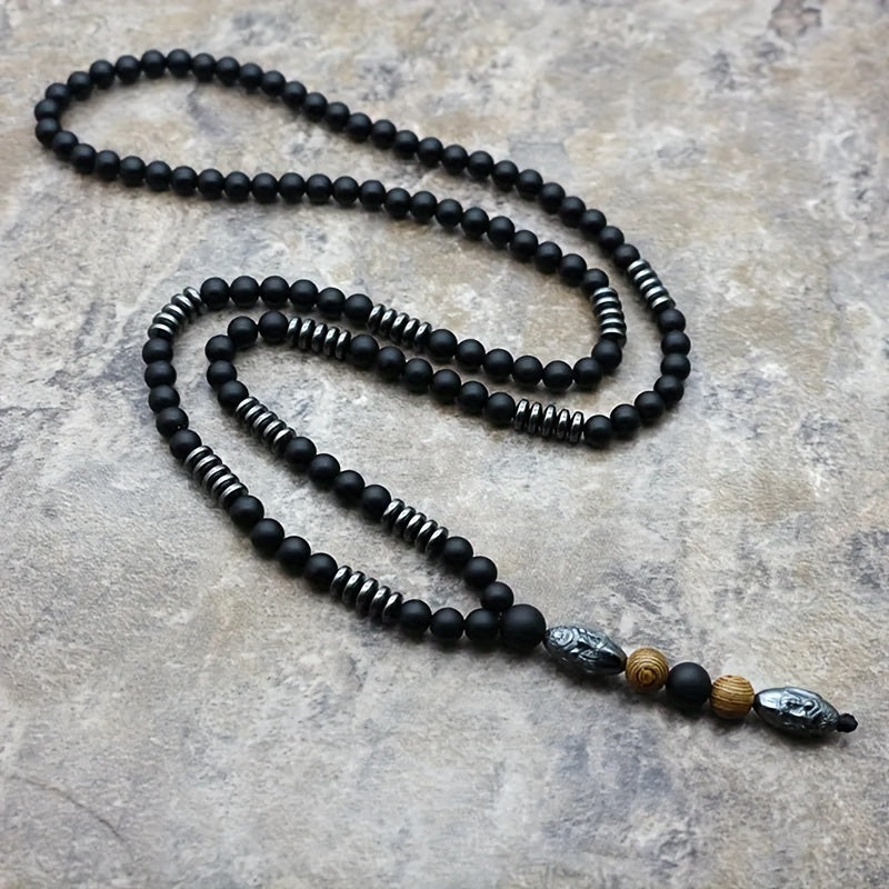 Men’s Matte Black Beaded Necklace 27.5" – Silver-Tone Sculpted Head & Wood Accent Beads