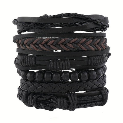 6pcs Faux Leather Wooden Bead Wax Thread Bracelet Set