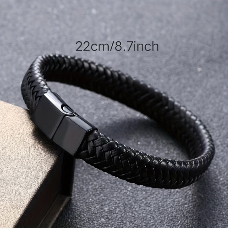 Men’s Black Braided Leather Bracelet | Stainless Steel Clasp