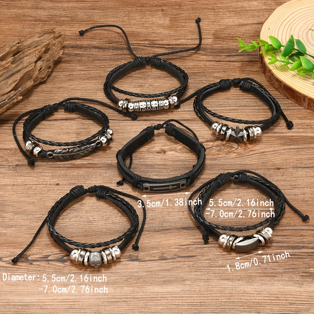 Black Handwoven Bracelet Set – Feather, Star & Skull [6PC]