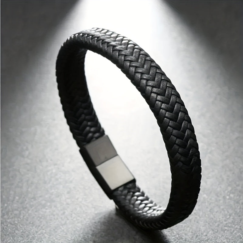 Men’s Black Braided Leather Bracelet | Stainless Steel Clasp