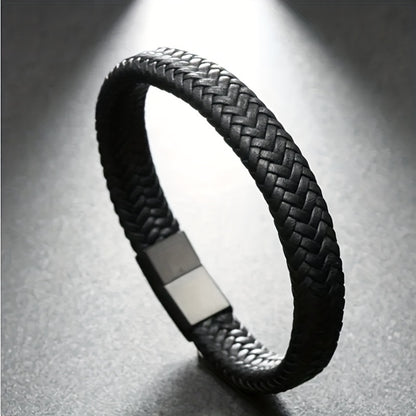 Men’s Black Braided Leather Bracelet | Stainless Steel Clasp