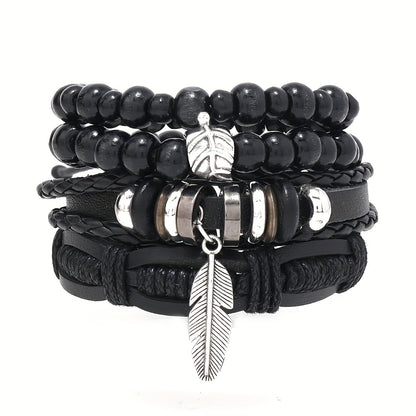 Black Layered Bracelet Set – 4pc Braided & Beaded Leaf/Feather Charm