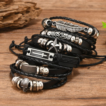 Black Handwoven Bracelet Set – Feather, Star & Skull [6PC]