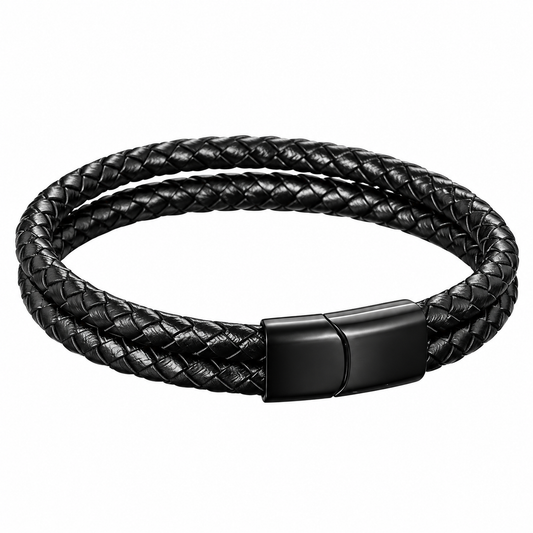 Black Double-Strand Braided Faux Leather Bracelet – 21cm
