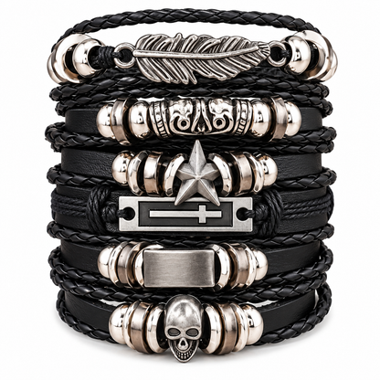Black Handwoven Bracelet Set – Feather, Star & Skull [6PC]
