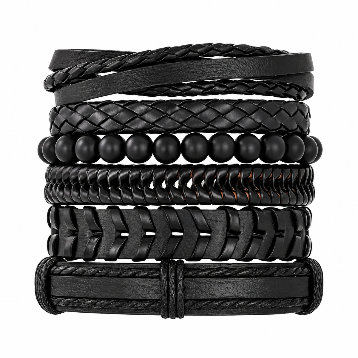 6-Piece Men’s Black Faux Leather Bracelet Set – Vintage Multi-Layer Woven & Braided Bangles, Beaded Adjustable Wristbands