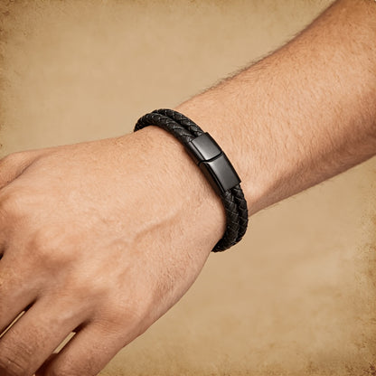 Black Double-Strand Braided Faux Leather Bracelet – 21cm