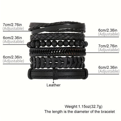 6-Piece Men’s Black Faux Leather Bracelet Set – Vintage Multi-Layer Woven & Braided Bangles, Beaded Adjustable Wristbands
