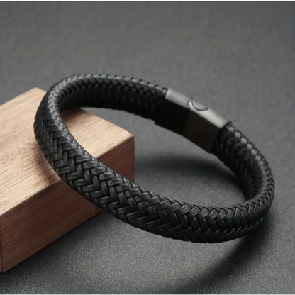 Men’s Black Braided Leather Bracelet | Stainless Steel Clasp