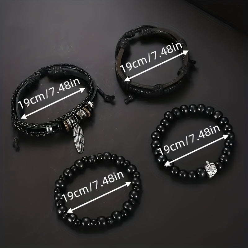 Black Layered Bracelet Set – 4pc Braided & Beaded Leaf/Feather Charm