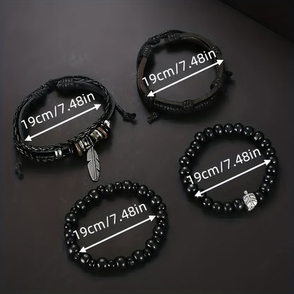 Black Layered Bracelet Set – 4pc Braided & Beaded Leaf/Feather Charm