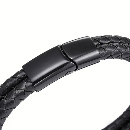 Black Double-Strand Braided Faux Leather Bracelet – 21cm
