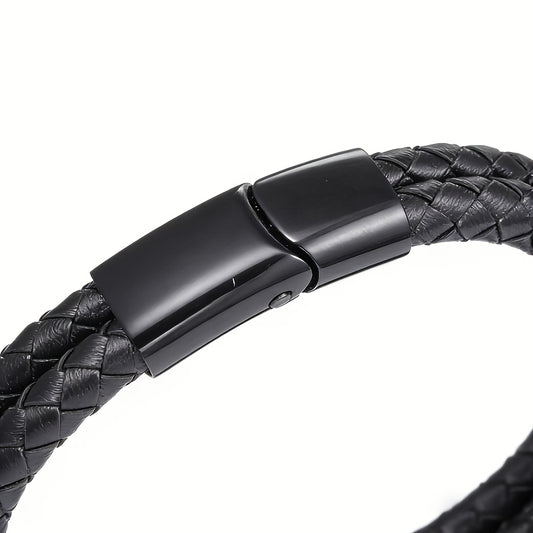 Black Double-Strand Braided Faux Leather Bracelet – 21cm